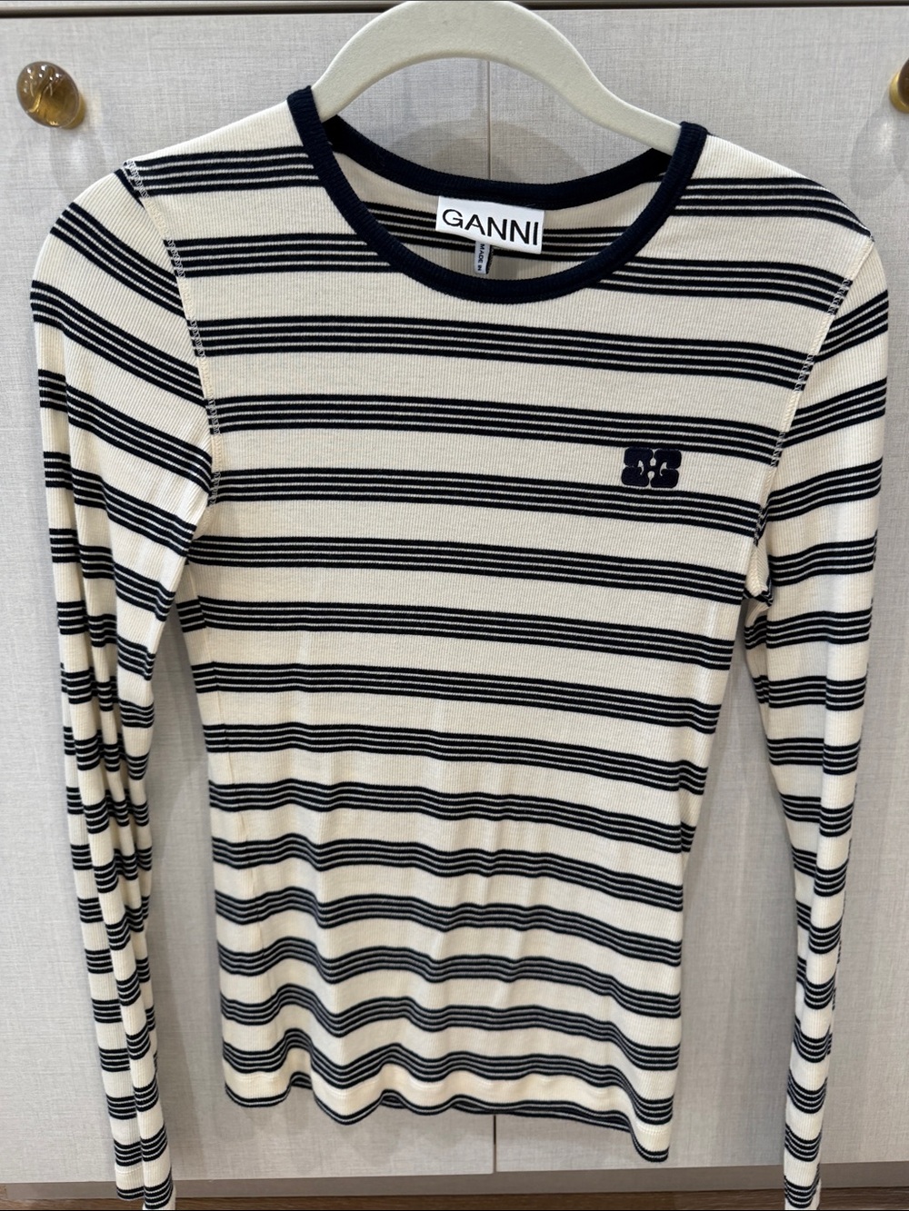 Ganni Navy & Cream Striped Long Sleeve Crewneck